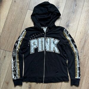 Victorias Secret PINK Y2K Sequin Bling Zip Up Black Hoodie XS